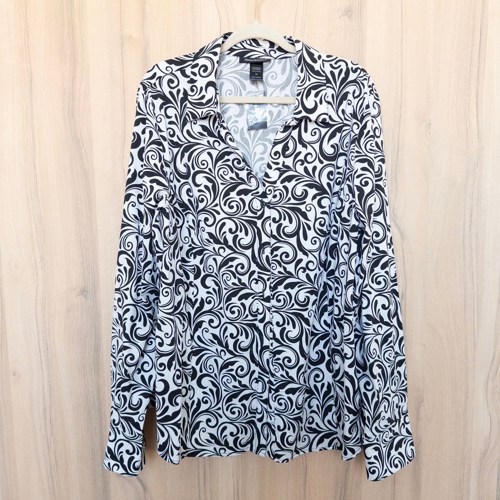 Ashley Stewart Womens Button Down Shirt 24 Black White Long Sleeve Lightweight